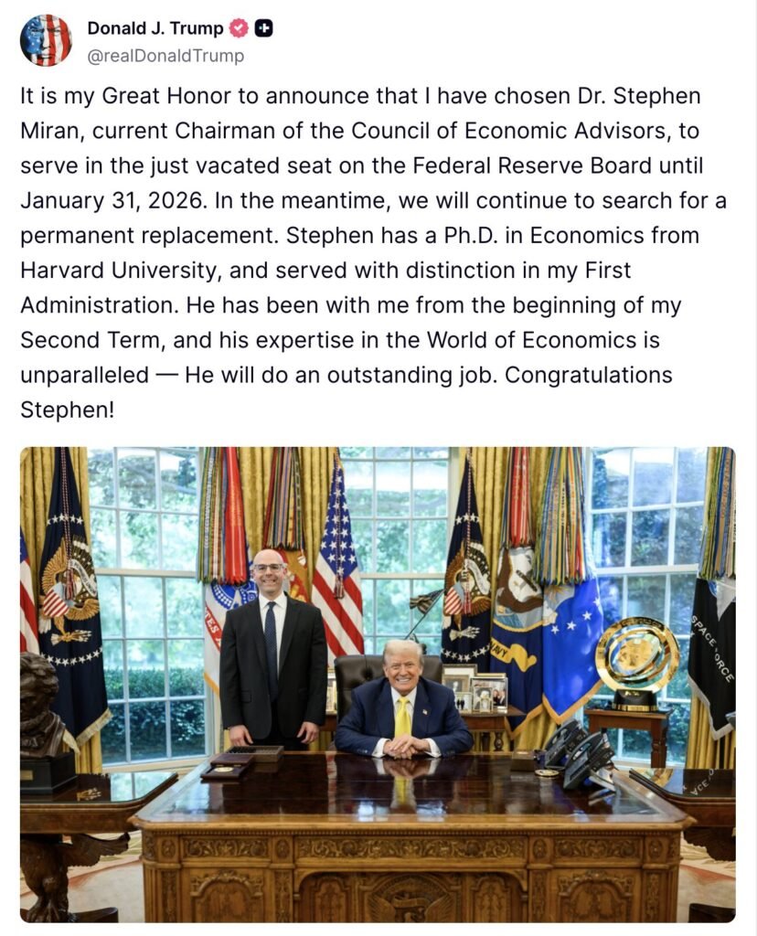 Trump Taps Pro-Crypto Miran for Fed Board Through 2026 — As Bitcoin Reclaims $117K