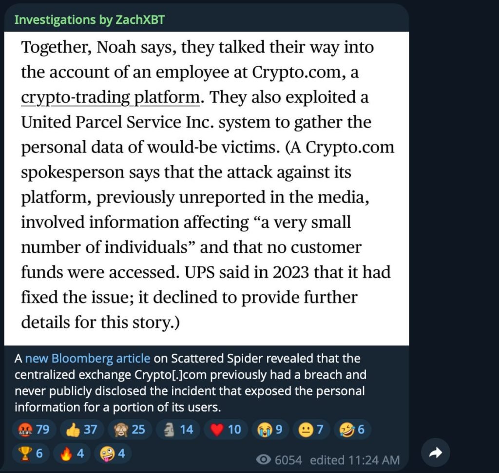 Crypto.com Suffered an Unreported Data Breach from Scattered Spider Hackers, Bloomberg Reports